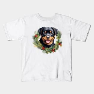 Christmas Rottweiler Dog Wreath Kids T-Shirt